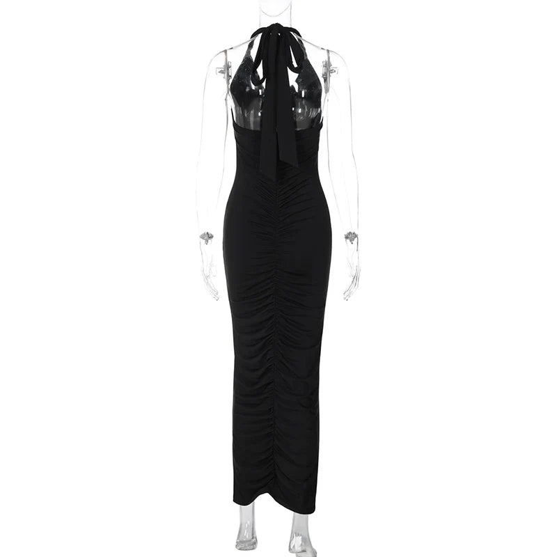 שמלת מקסי כיווצים גב פתוח קשירה בצוואר - לימה