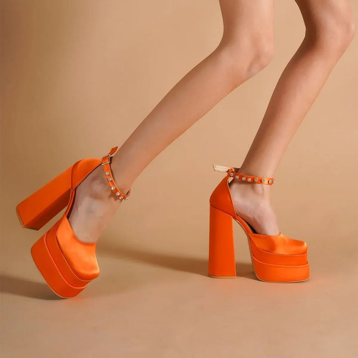 Platform doll shoes in silk satin fabric decorated with diamonds - Melis