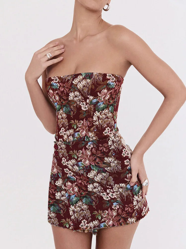 שמלת מיני סטרפלס בסגנון וינטג' בעיצוב רקמת פרחים - יולנדה