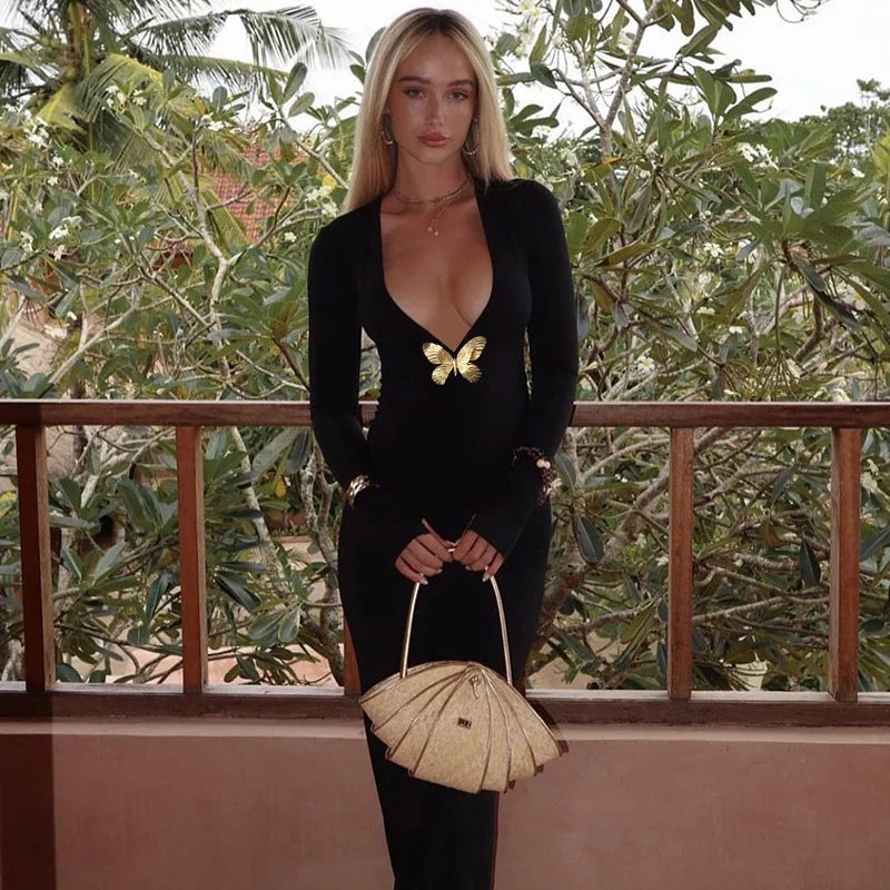 שמלת מקסי מחשוף V עמוק בעיטור פרפר זהב - מריפוסה