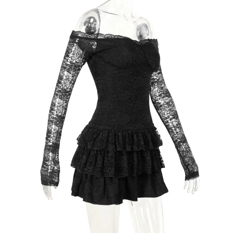 שמלת מיני תחרה מלמלה כתפיים חשופות - Shay