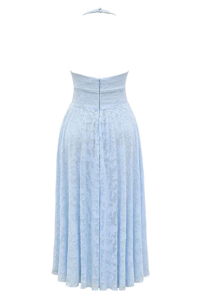 שמלת מידי סגירה בצוואר בעיטור רקמת פרחים צווארון V - SKY