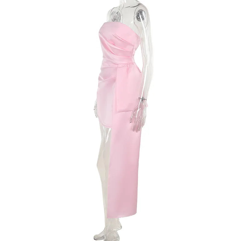 שמלת מיני סטרפלס סאטן בעיטור שובל - מגי