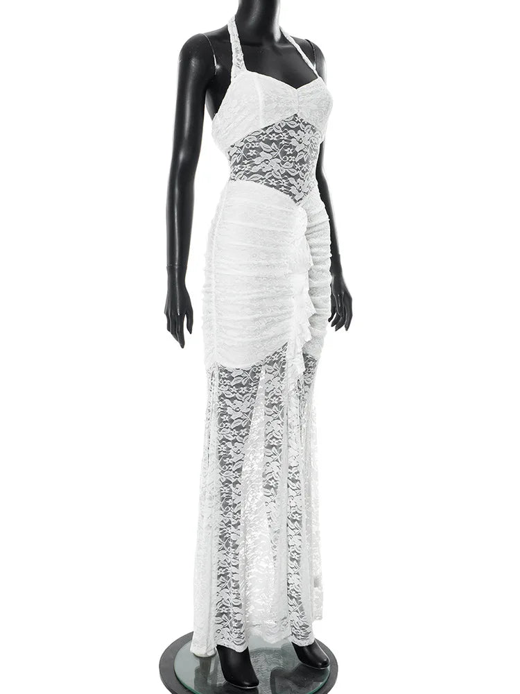 שמלת מקסי תחרה בעיצוב שסע בעיטור מלמלה - רוזלין