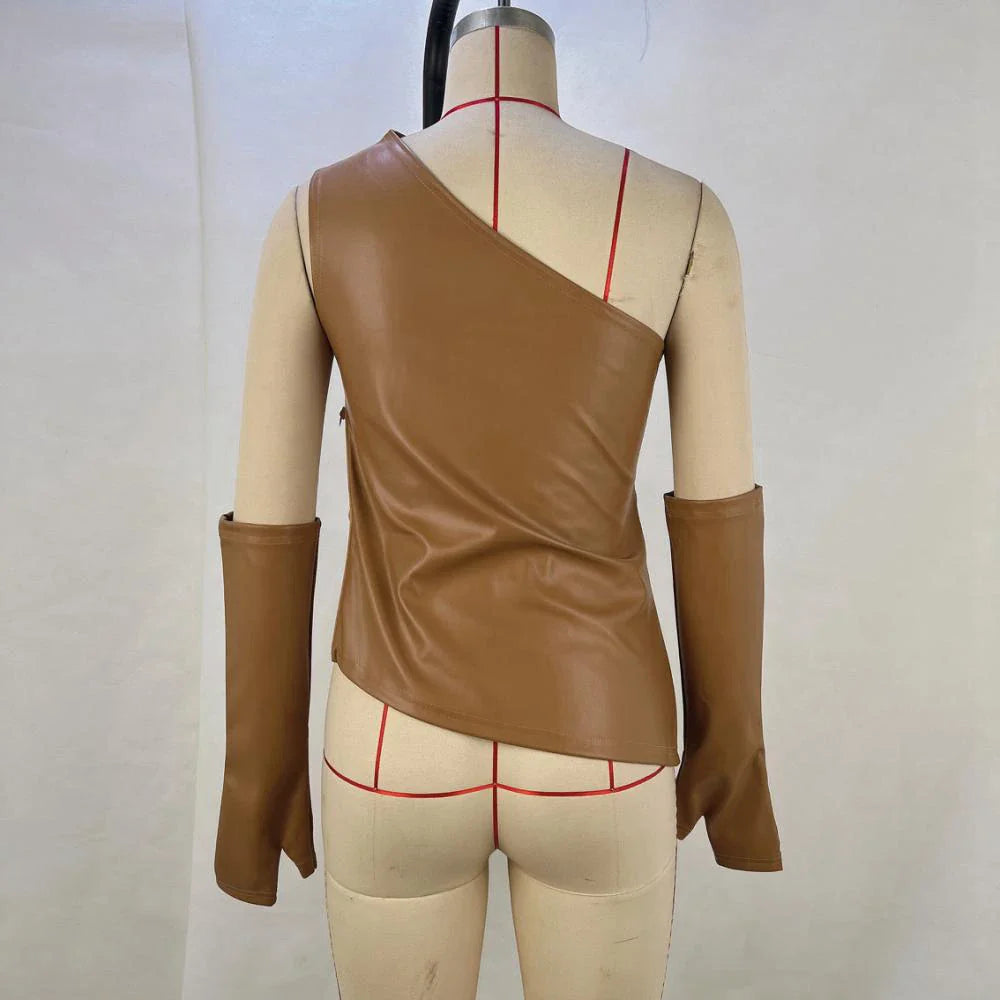 טופ דמוי עור כתפייה אחת בעיטור כפפות תואמות - סול