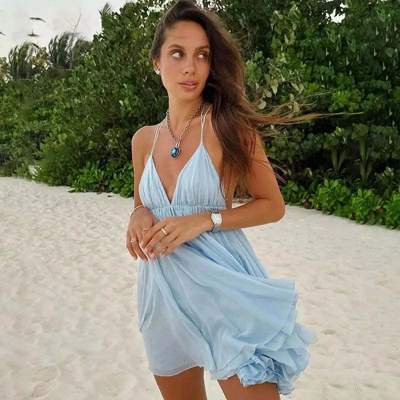 שמלת מיני שיפון מלמלה קשירות בגב - טולום