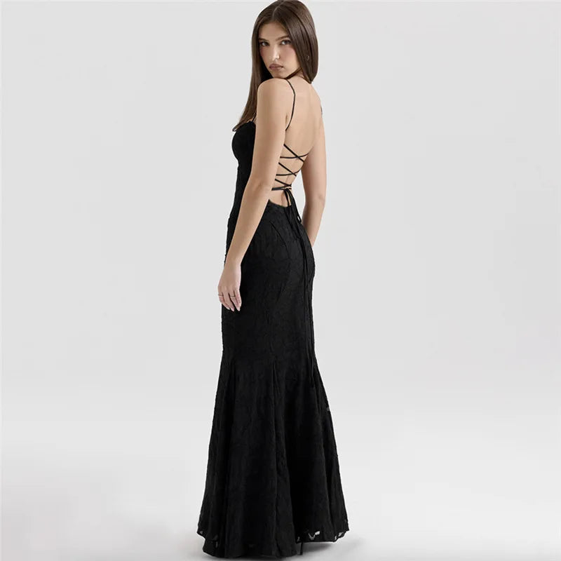 שמלת מקסי שיפון בעיטור רקמת עלים קשירה בגב להצמדה במותן - מונה ליז