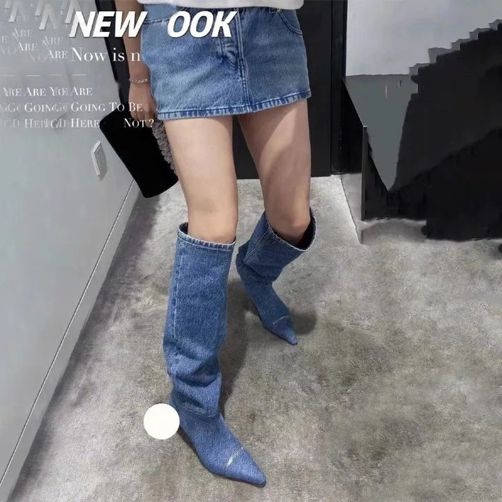 High-heeled denim pointed-toe boots - Jax