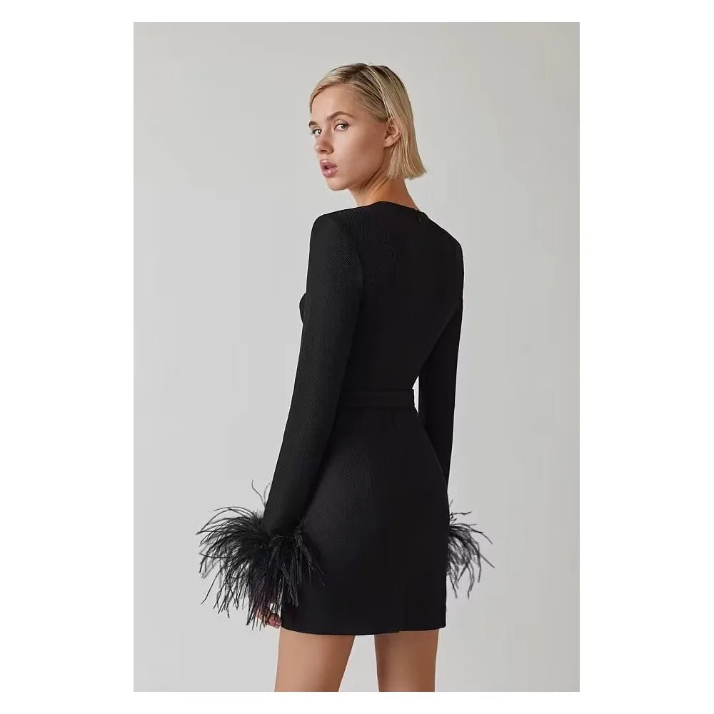 שמלת מיני מחויטת בעיצוב אלגנטי בעיטור נוצות בשרוול - מגי