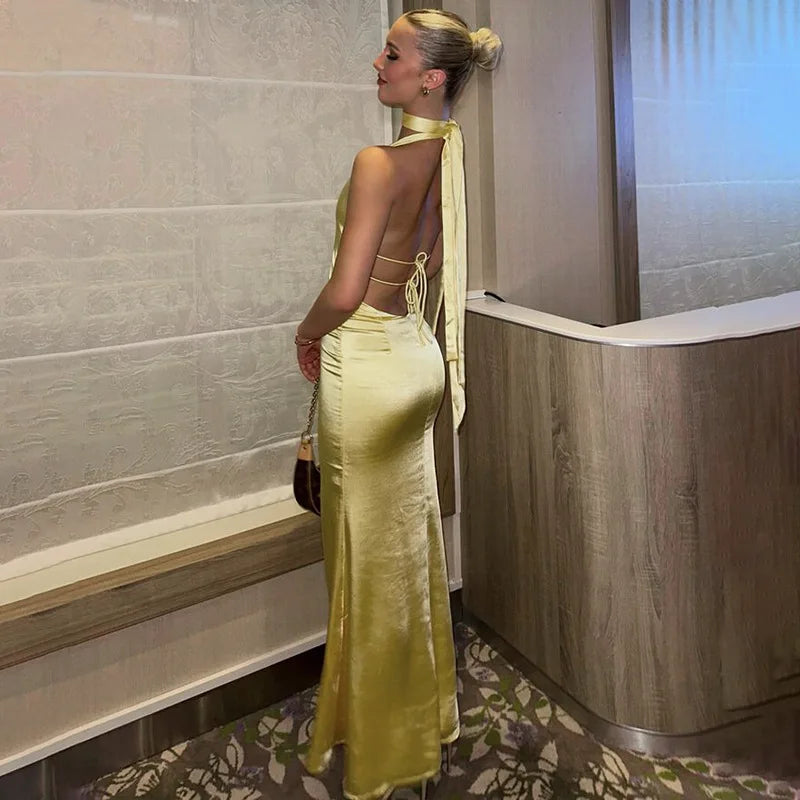 שמלת סאטן מחשוף עמוק קשירה בצוואר - פאולינה