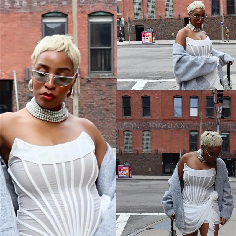 שמלת מיני סטרפלס מחוך בעיטור פרח וראפלס - מיקה