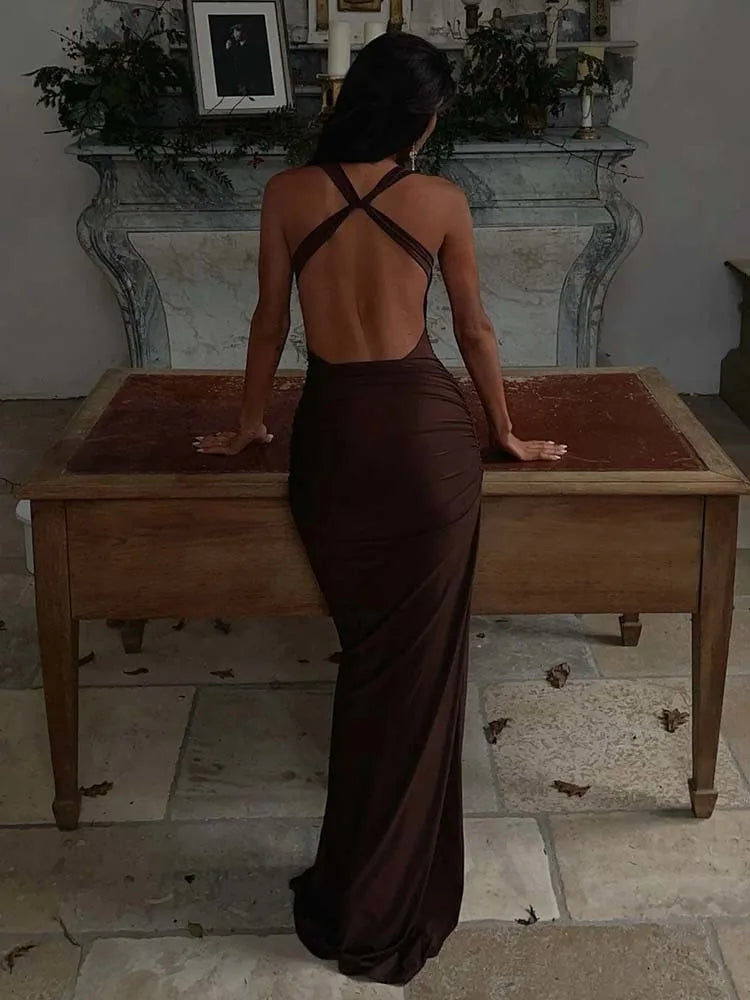 שמלת מקסי גב פתוח בעיטור אבזמים בכתפיות - גרייס