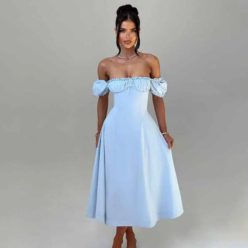 שמלת מקסי בגזרת A בעיצוב כתפיים חשופות שרוולים נפוחים - ג'ינה