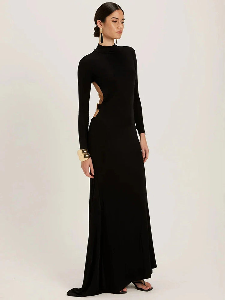Maxi turtleneck dress with open back and buckle - EINAT