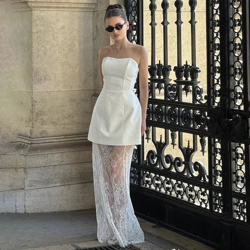 סט שני חלקים אלגנטי טופ סטרפלס וחצאית מקסי תחרה - ג'ולין