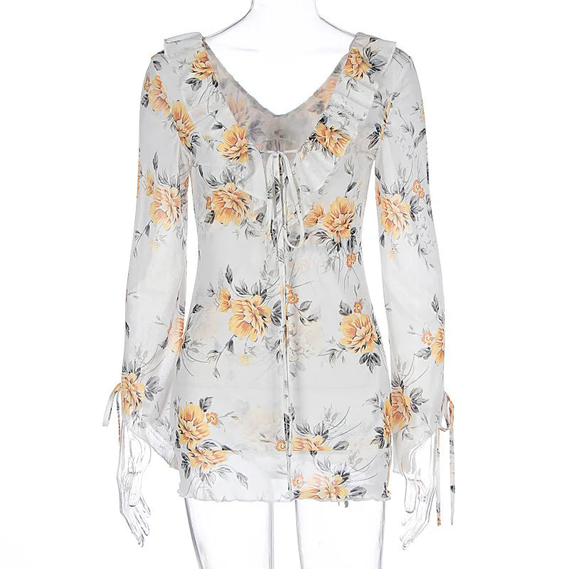 שמלת מיני שיפון פרחונית מלמלה - מרי לין