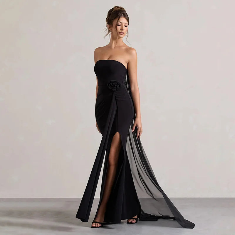 שמלת מקסי סטרפלס בעיצוב שסע ושובל שיפון בעיטור פרח - אנג'לס