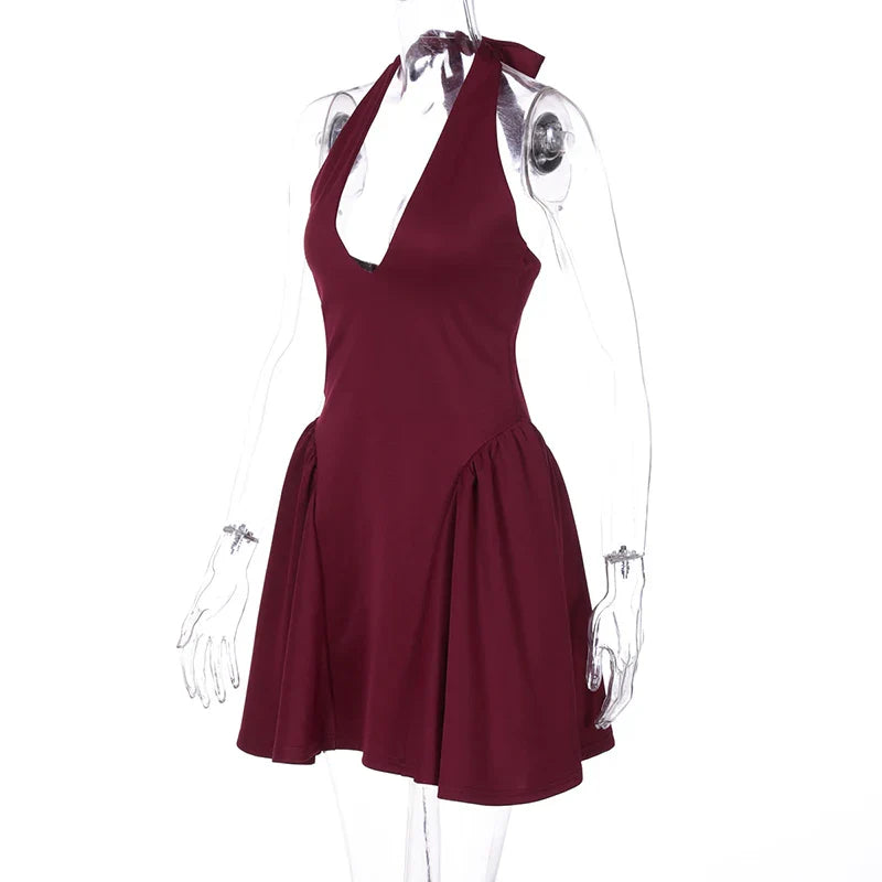 שמלת מיני בגזרת A מחשוף V קשירה בצוואר - יולנדה