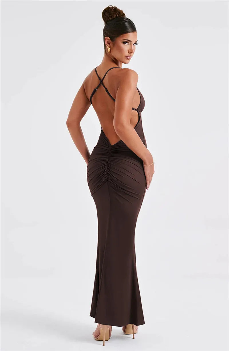 שמלת מקסי צמודה בד מחטב X בגב פתוח - לאיה