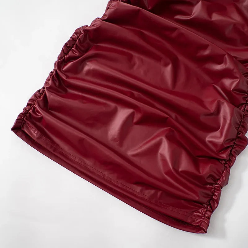 שמלת מיני דמוי עור בעיצוב קיפולים כתף חשופה - Meri