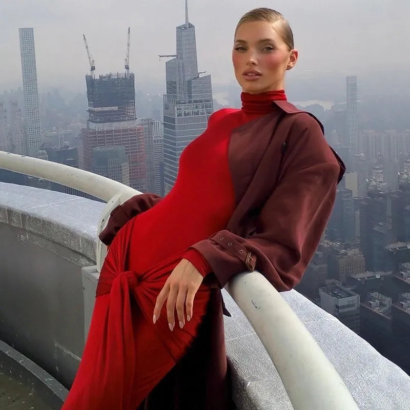 שמלת מקסי אלגנטית בעיטור קשירה צווארון גולף - רובין