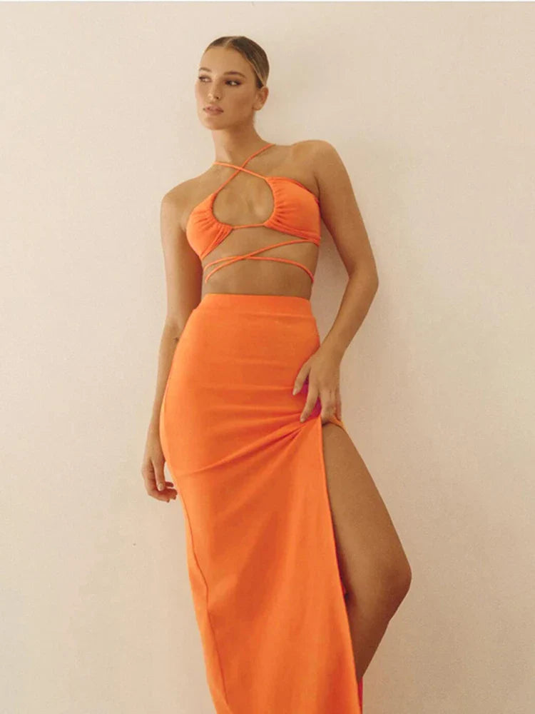 Two-piece knitted set, tie-dye top and slit maxi skirt - Yarina