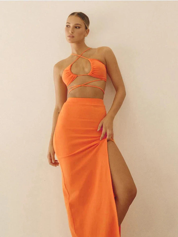 Two-piece knitted set, tie-dye top and slit maxi skirt - Yarina