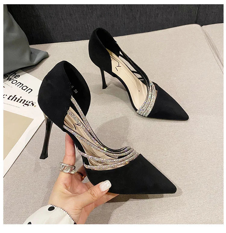 Suede Fabric Pointed Heel Shoes with Sparkling Sequin Design - Alior