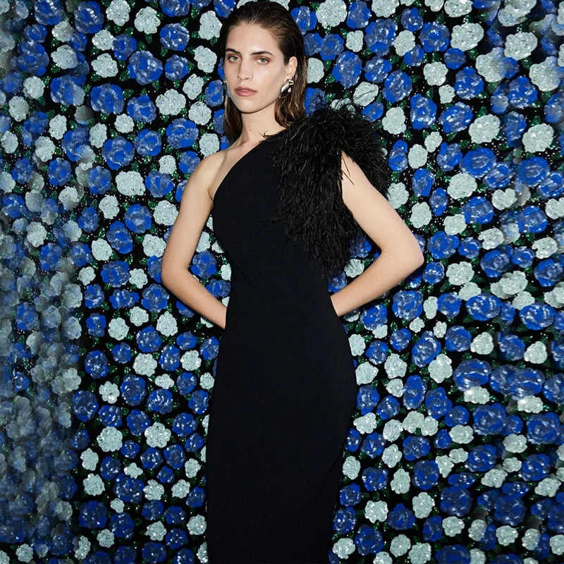 שמלת ערב מקסי אלגנטית כתף אחת בעיטור נוצות - טאליה