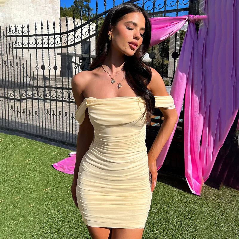 שמלת מיני קיפולים צמודה כתפיות רשת נופלות - Luz