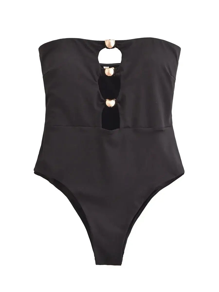 בגד ים שלם סטרפלס בעיצוב אבזמי לב זהב ופתחים - חושן