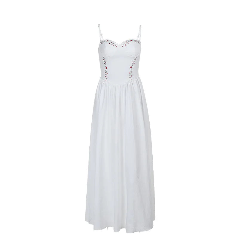 שמלת מקסי בעיצוב כפרי בעיטור רקמת פרחים - בלנקה