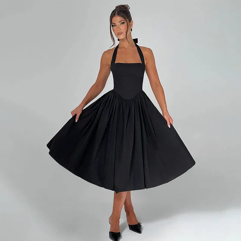 שמלת מידי בגזרת A גב פתוח קשירה בצוואר - Angie