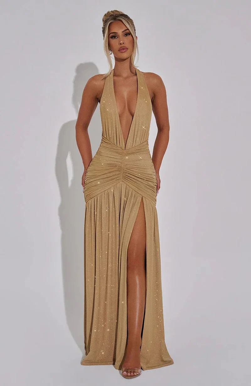 שמלת מקסי נצנצים בעיצוב שסע מחשוף V עמוק גב חשוף קשירה בצוואר - Emery