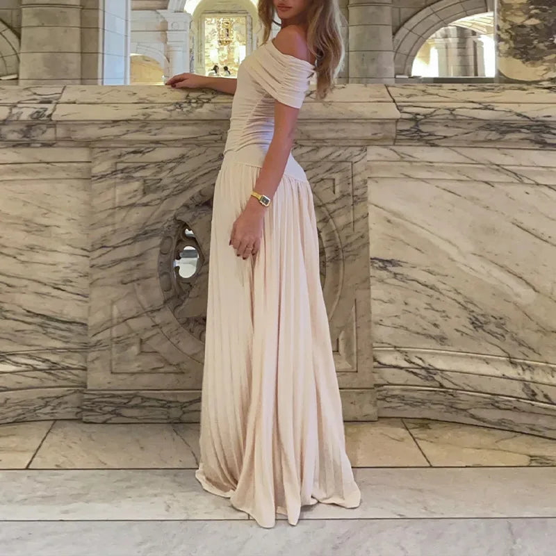 שמלת מקסי סרוגה כיווצים אלגנטית כתפיים חשופות - אלינור