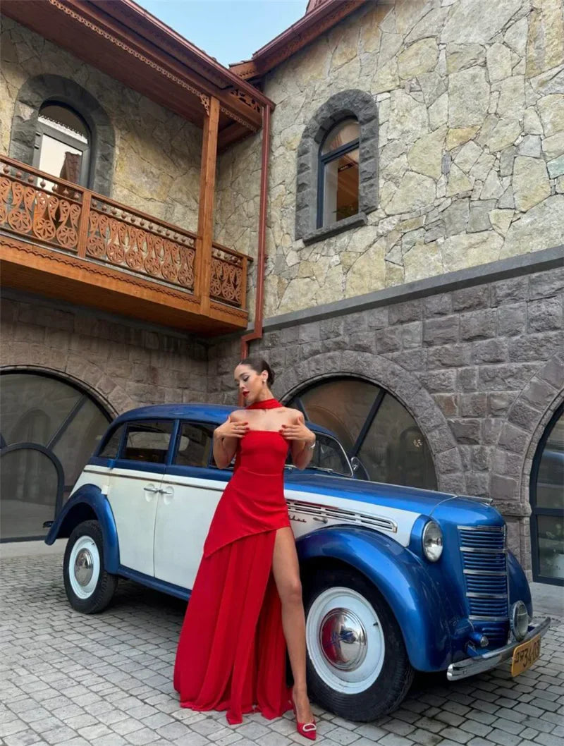 שמלת מקסי סטרפלס חלק תחתון שיפון בעיצוב שסע בעיטור צעיף תואם - Princess