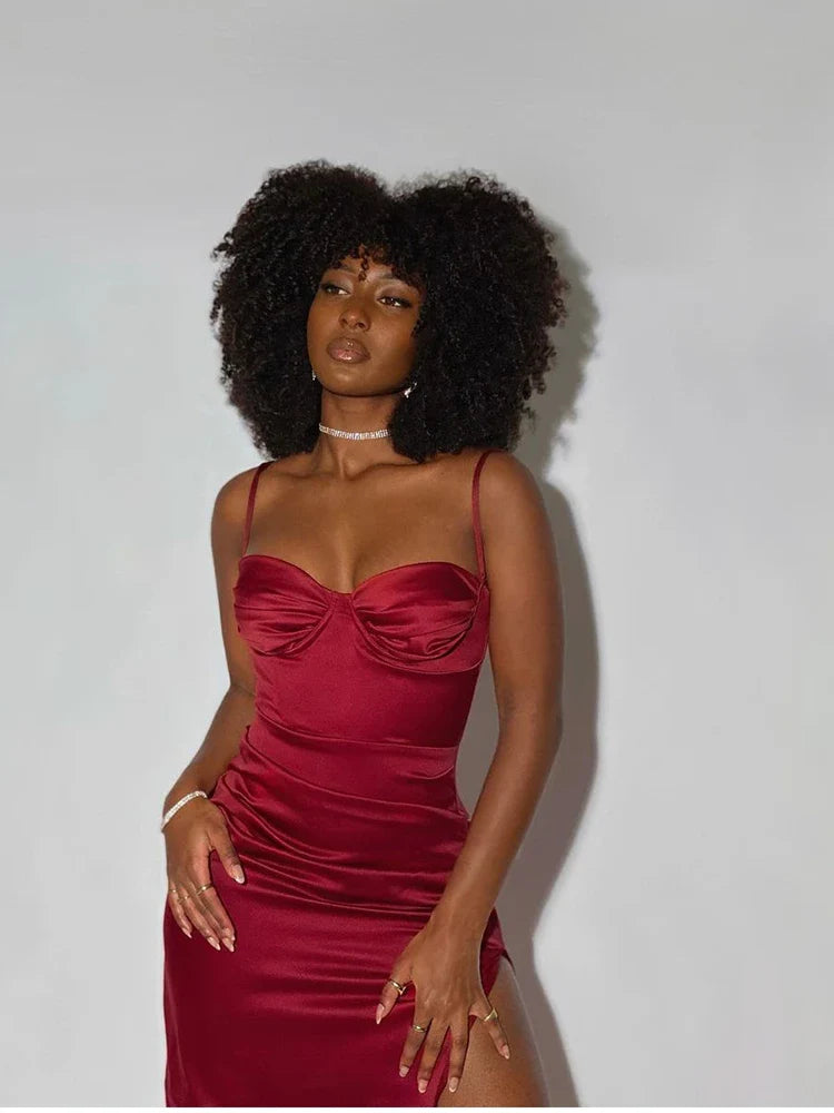 שמלת מקסי סאטן אלגנטית שסע עמוק - ונסיה