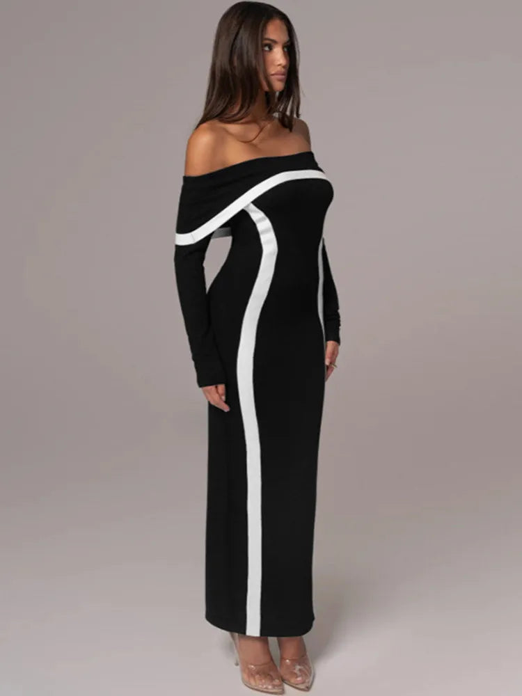 שמלת מקסי כתפיים חשופות בעיטור קווי מתאר - קייטי