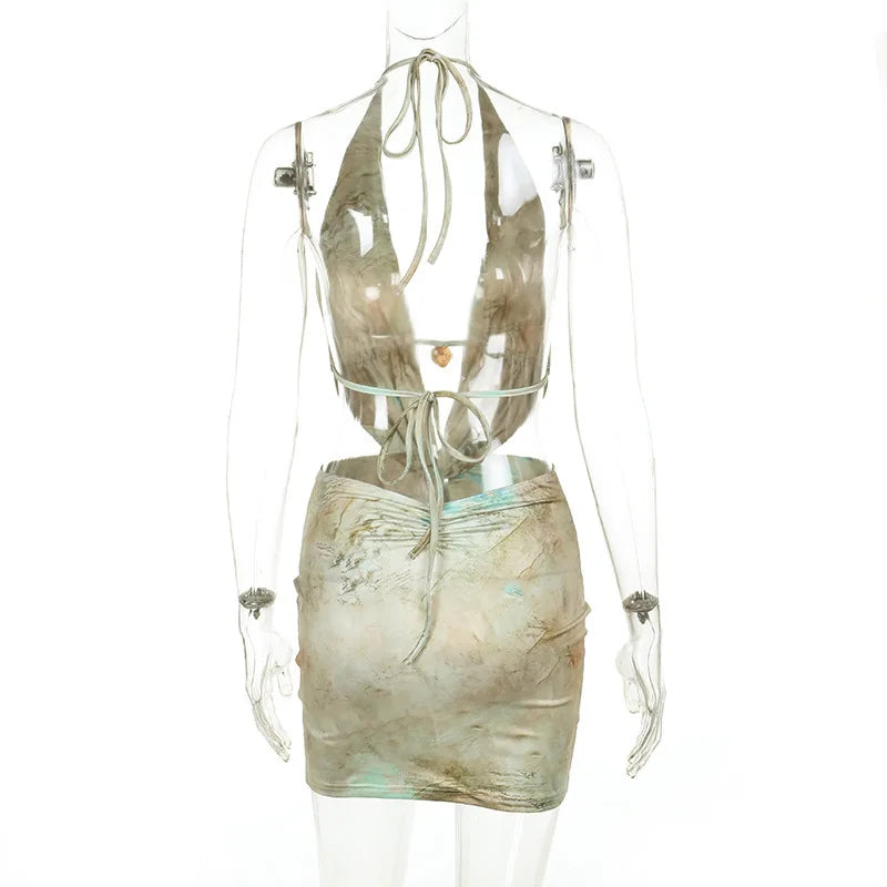 שמלת מיני קשירה בצוואר גב פתוח בעיצוב הדפס מיוחד - וונדה