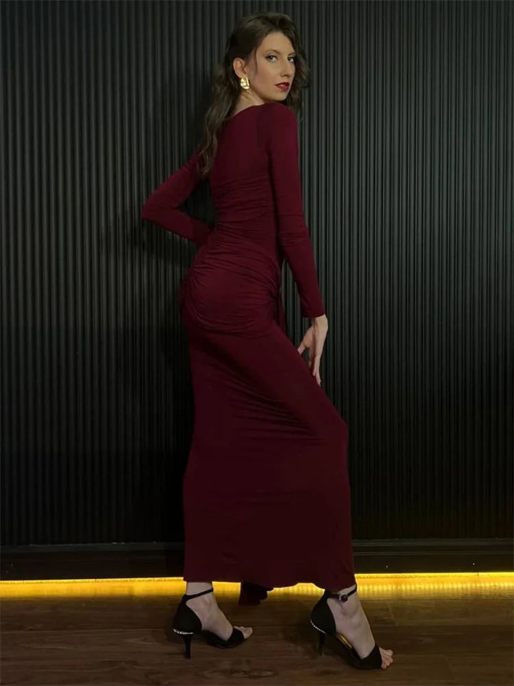 שמלת מקסי צנועה בעיצוב כיווצים וקשירה - נאהב