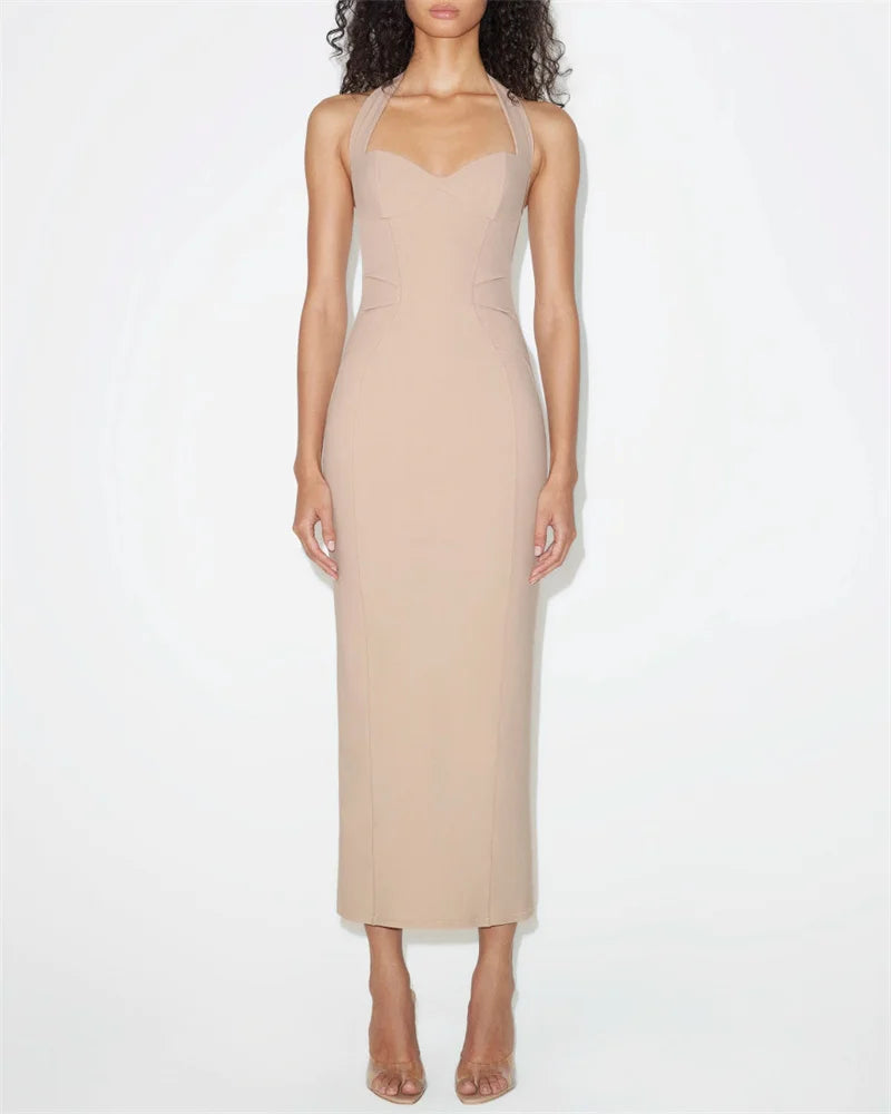 שמלת מקסי צמודה גב פתוח בד מחטב - רונית