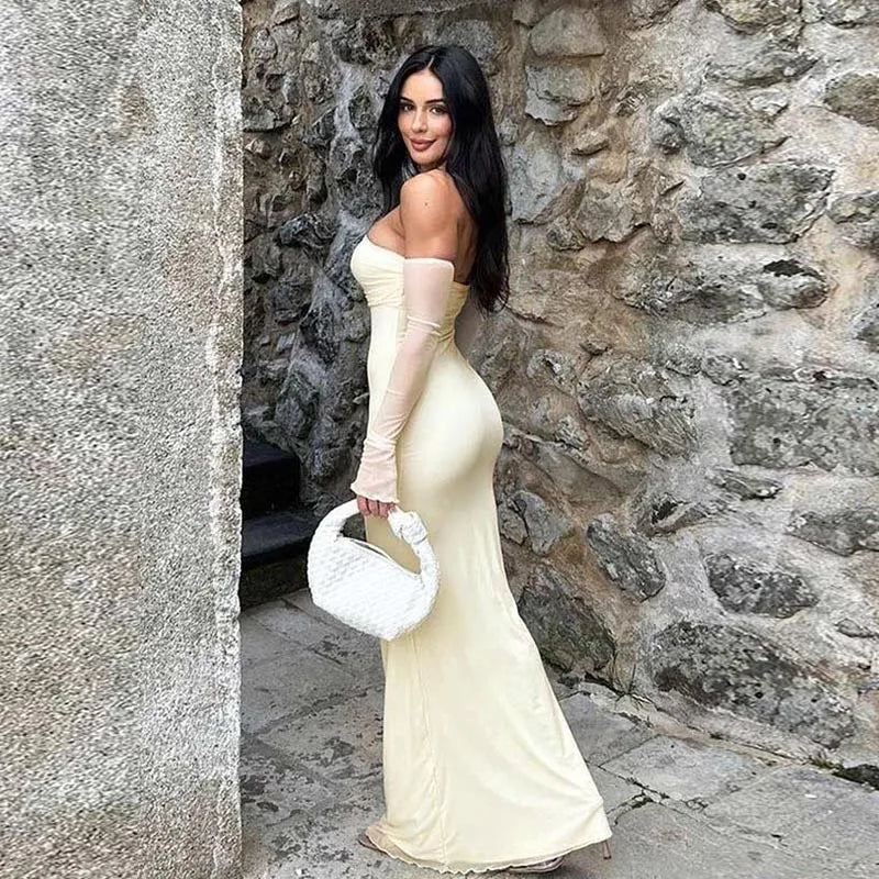 שמלת מקסי כתפיים חשופות שרוולי שיפון פעמון - YANA