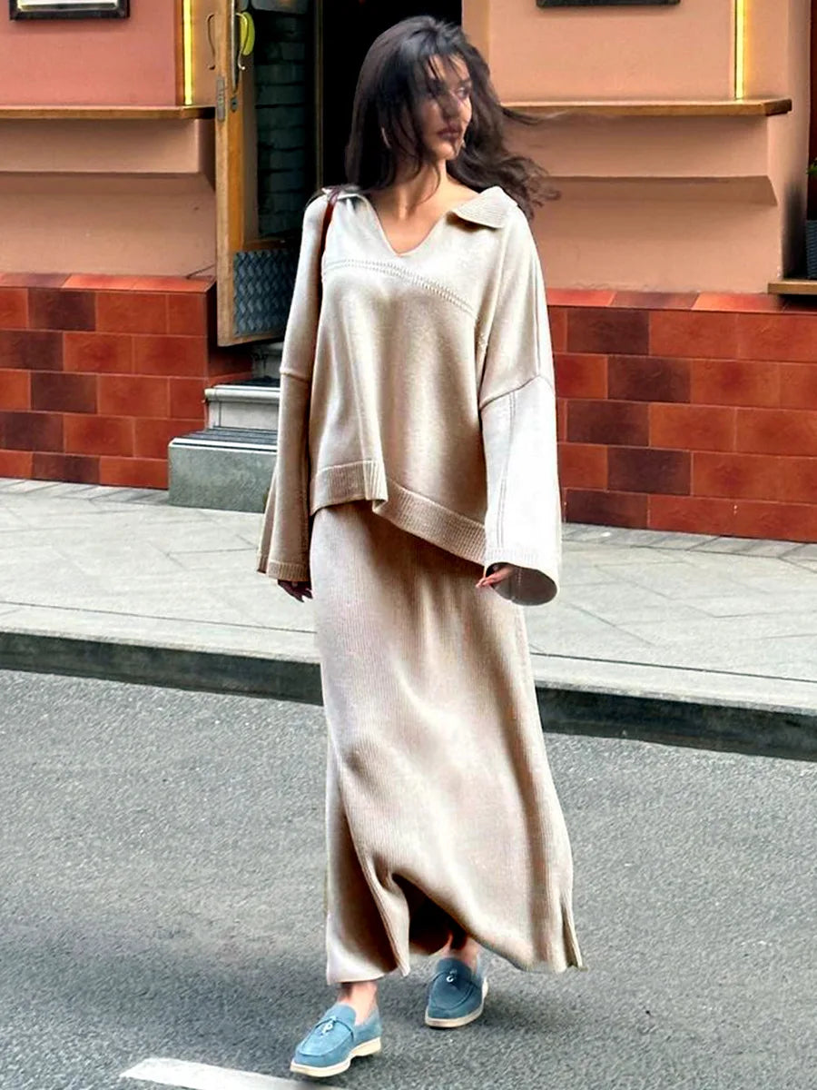 חליפת שני חלקים loose סרוגה חצאית מקסי וחולצה - שילב