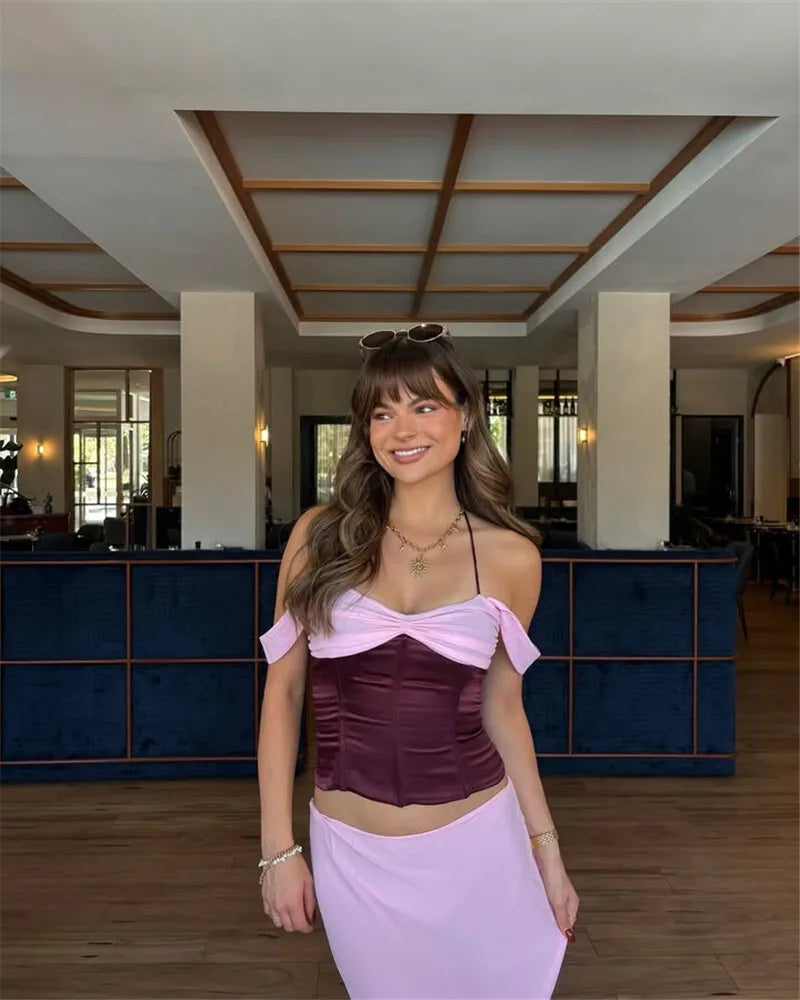 סט שני חלקים חולצה בעיצוב סאטן וחצאית מקסי בעיטור שיפון - מקסימה