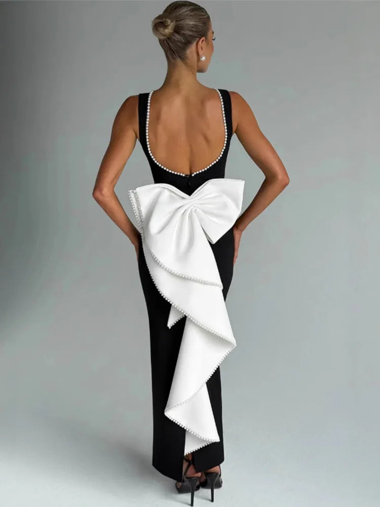 שמלת מקסי אלגנטית גב פתוח בעיטור פפיון ופנינים  - אלברטה