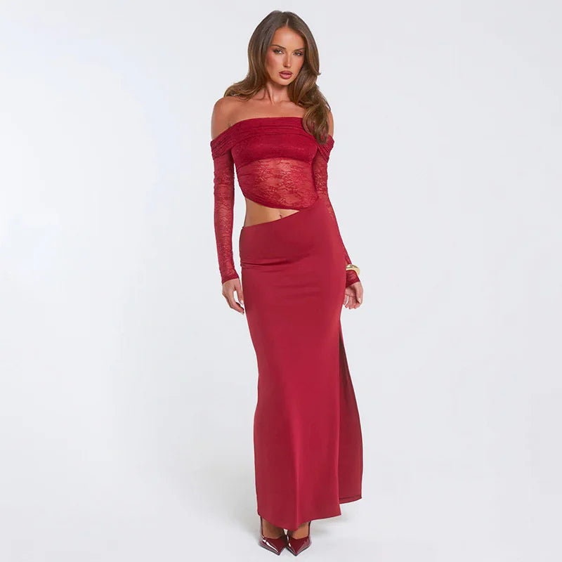 Off-the-shoulder maxi dress with lace and slit - LOLA