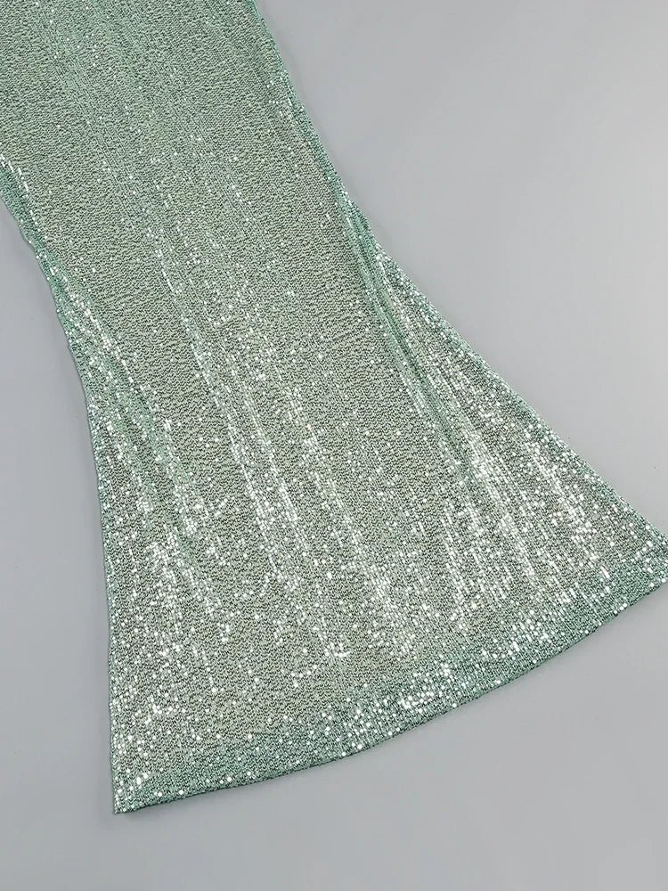 שמלת מקסי פייטים צמודה מחשוף עמוק - גרין