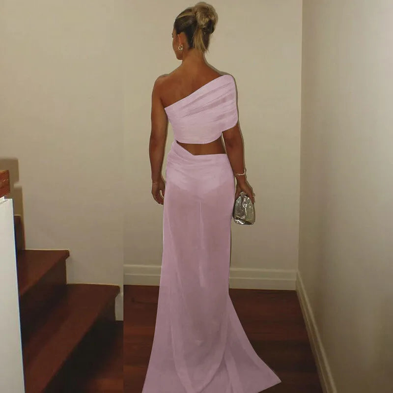 שמלת מקסי שיפון בעיצוב אסימטרי ופתח - שי לין