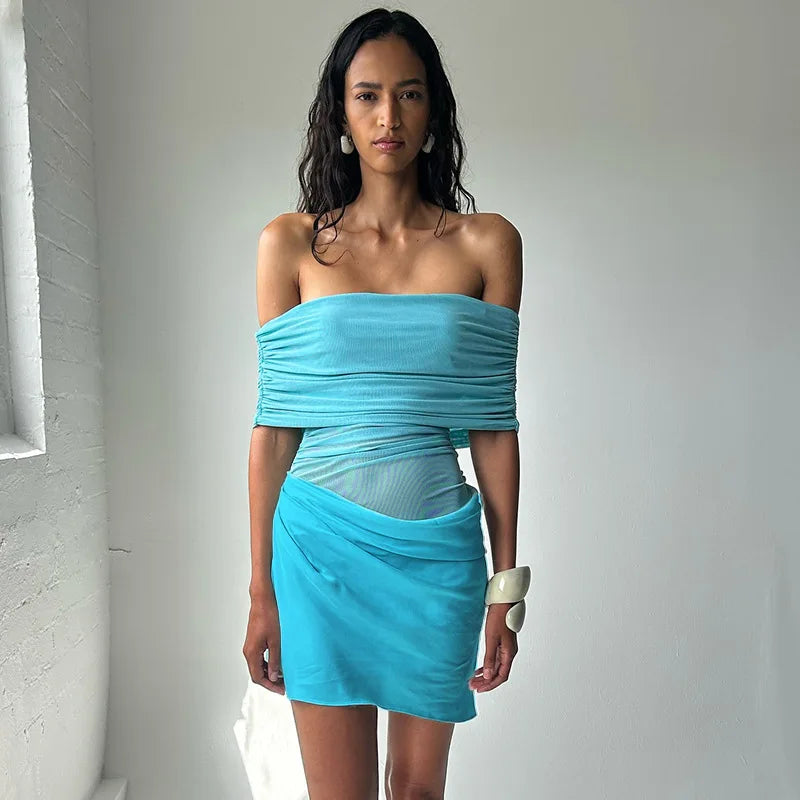 שמלת מיני בעיצוב רשת וכתפיים חשופות - ALEX