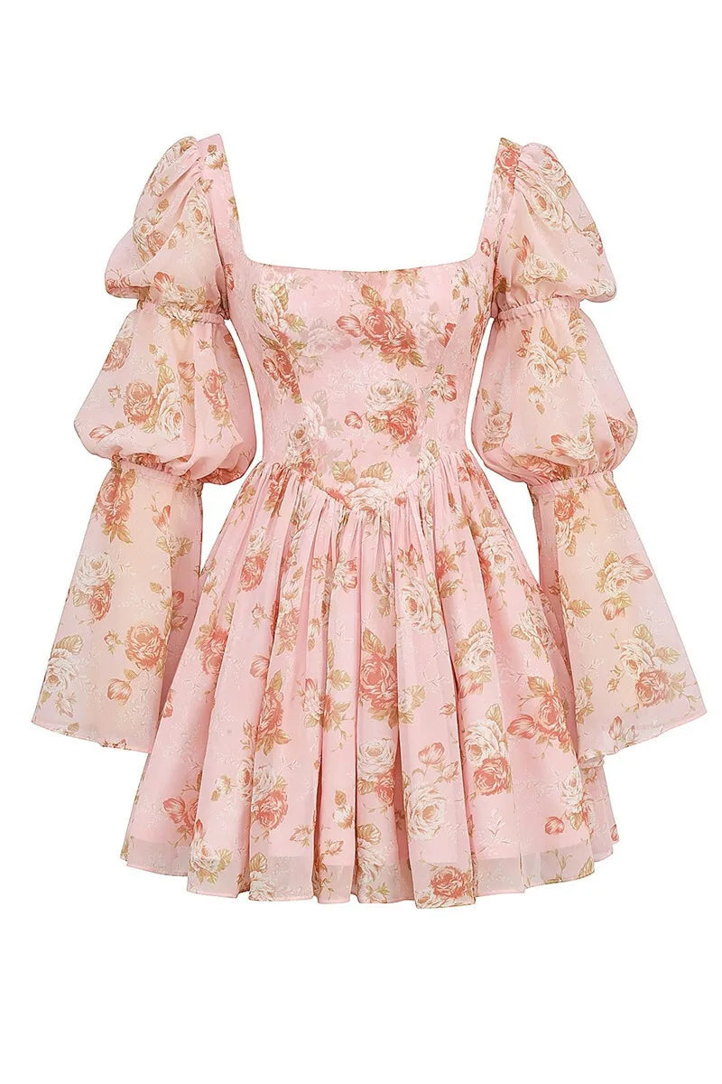 שמלת מיני שיפון פרחונית בגזרת A שרוולי פעמון - פלורנסיה